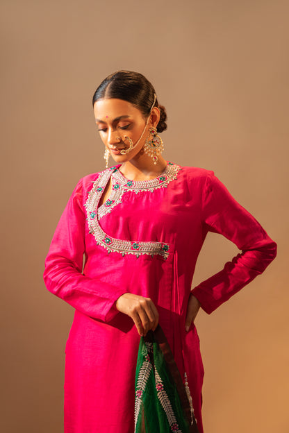 Raw Silk Hand-Embroidered Fuchsia Pink Angrakha Suit Set