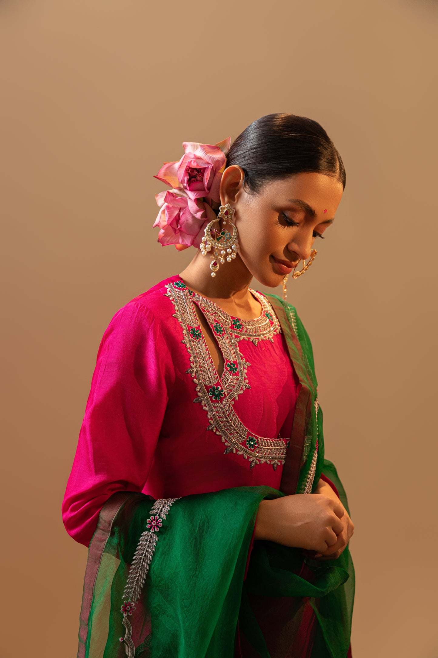 Raw Silk Hand-Embroidered Fuchsia Pink Angrakha Suit Set