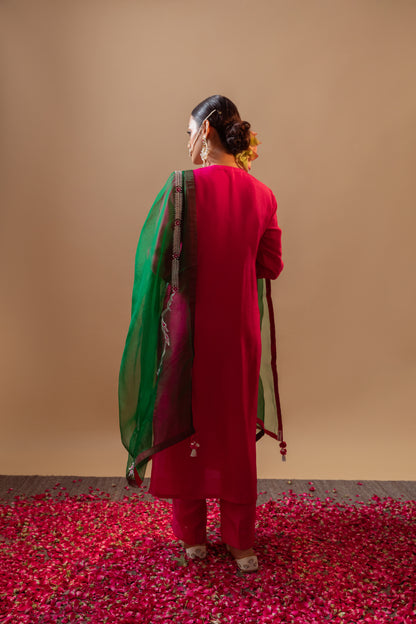 Raw Silk Hand-Embroidered Fuchsia Pink Angrakha Suit Set