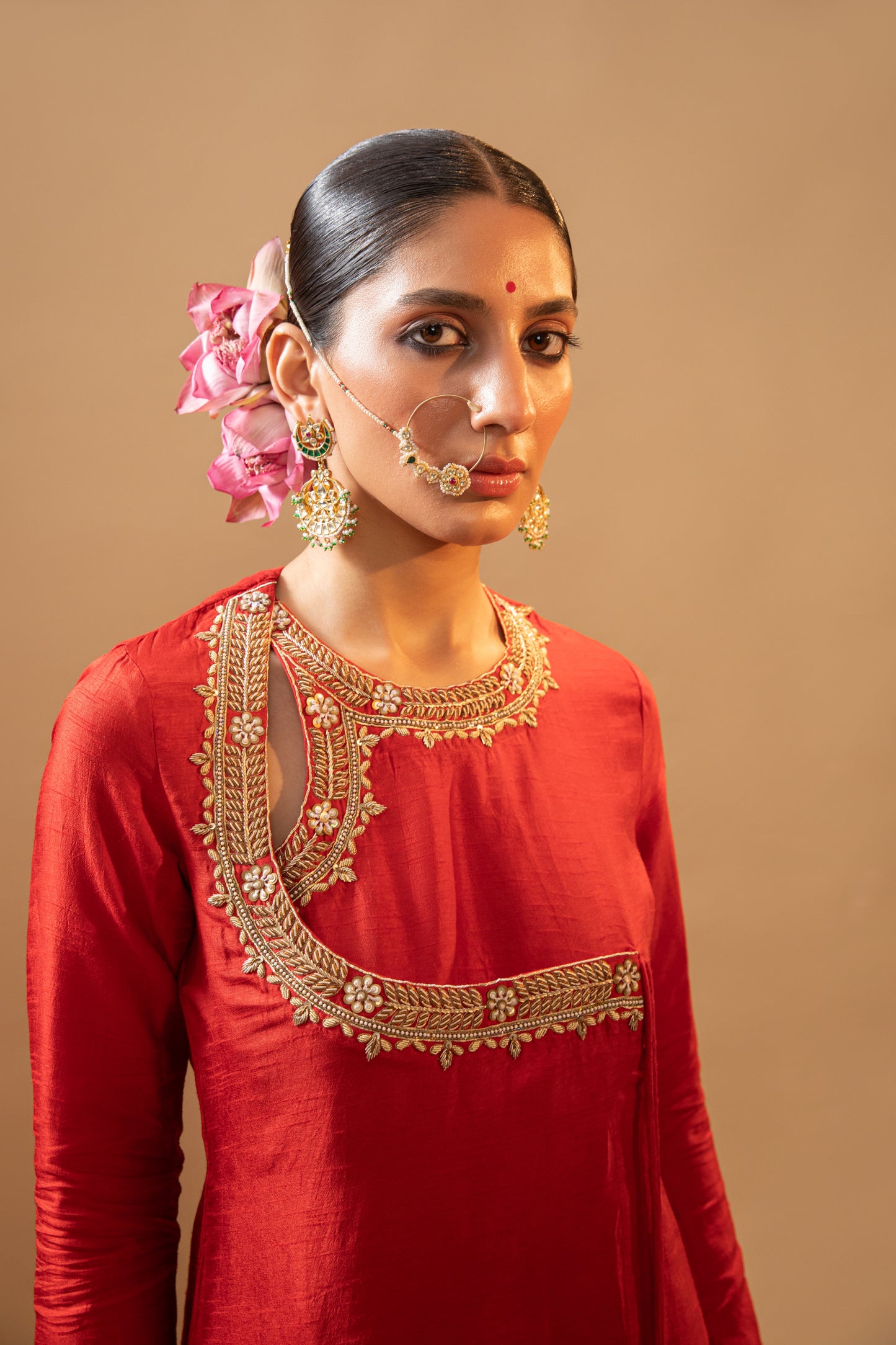 Raw Silk Hand-Embroidered Red Angrakha Suit Set