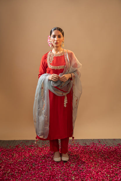 Raw Silk Hand-Embroidered Red Angrakha Suit Set