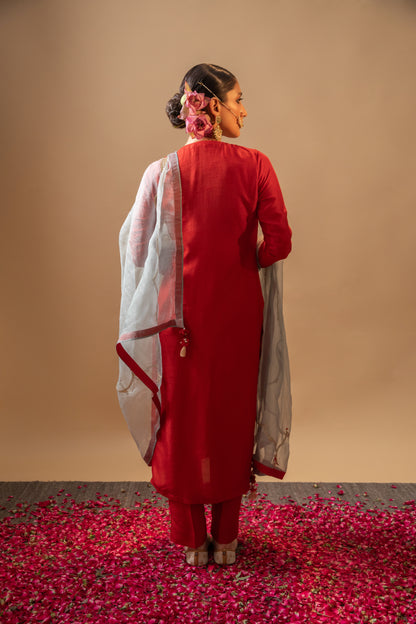 Raw Silk Hand-Embroidered Red Angrakha Suit Set