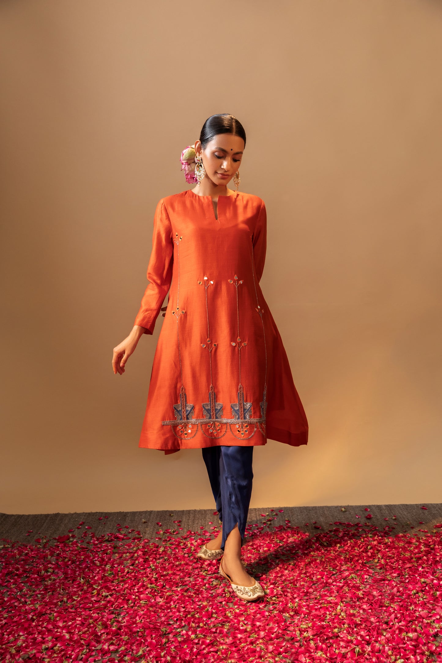 Rust & Cobalt Blue Hand Embroidered Silk Chanderi Kurta Set