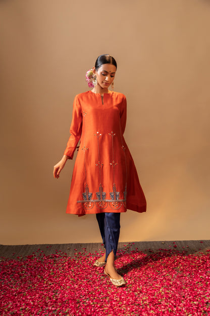 Rust & Cobalt Blue Hand Embroidered Silk Chanderi Kurta Set