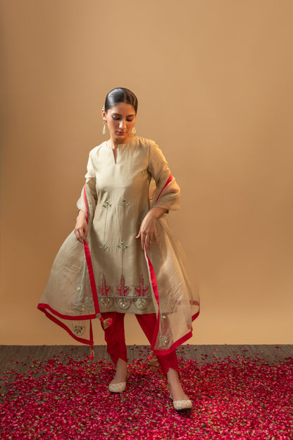 Olive & Light Red Hand Embroidered Silk Chanderi Kurta Set - RTS