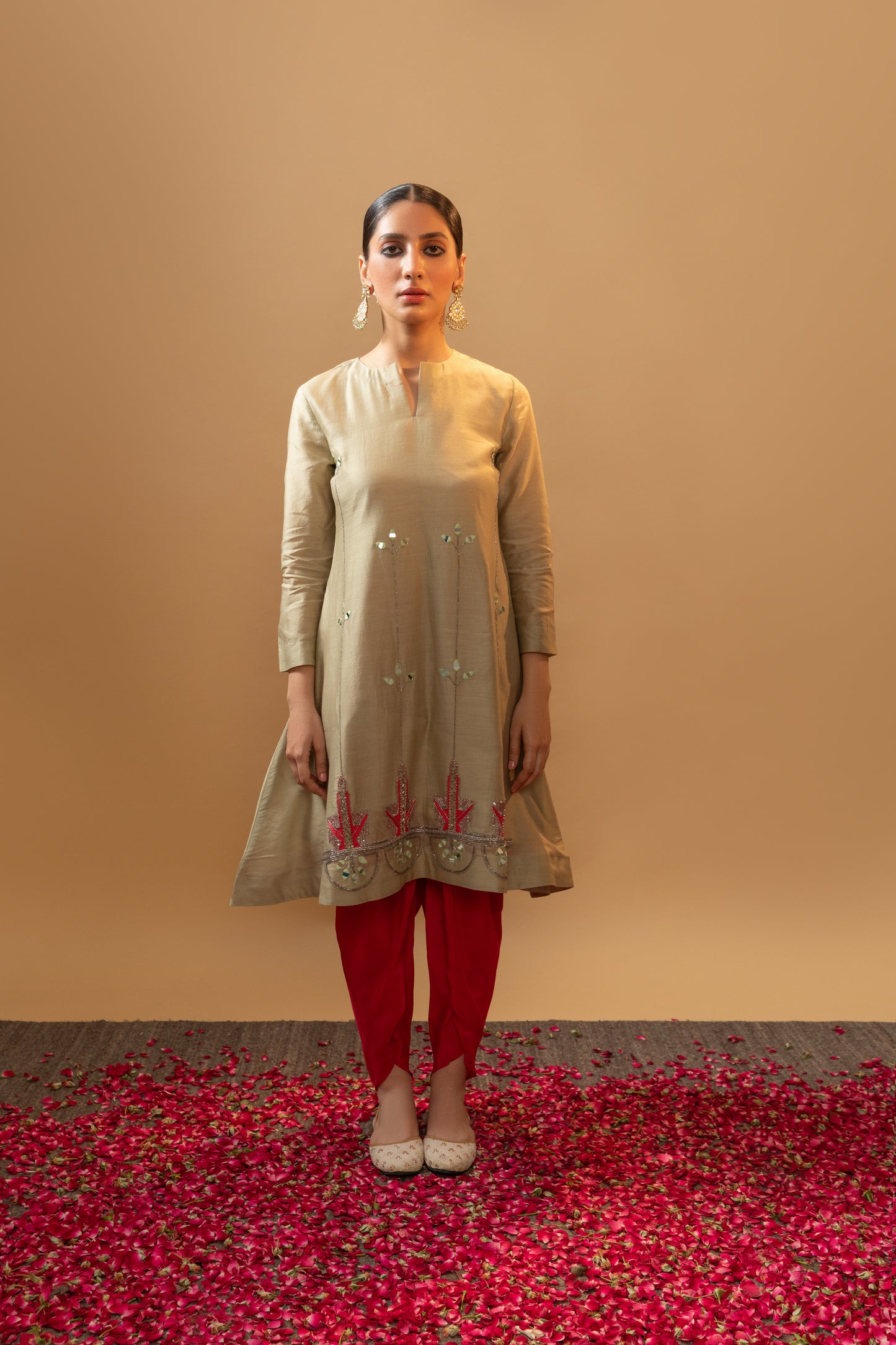 Olive & Light Red Hand Embroidered Silk Chanderi Kurta Set - RTS