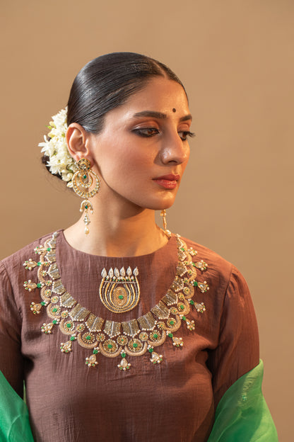 Rajrani - Brown Hand Embroidered Mul-Chanderi Kurta Set