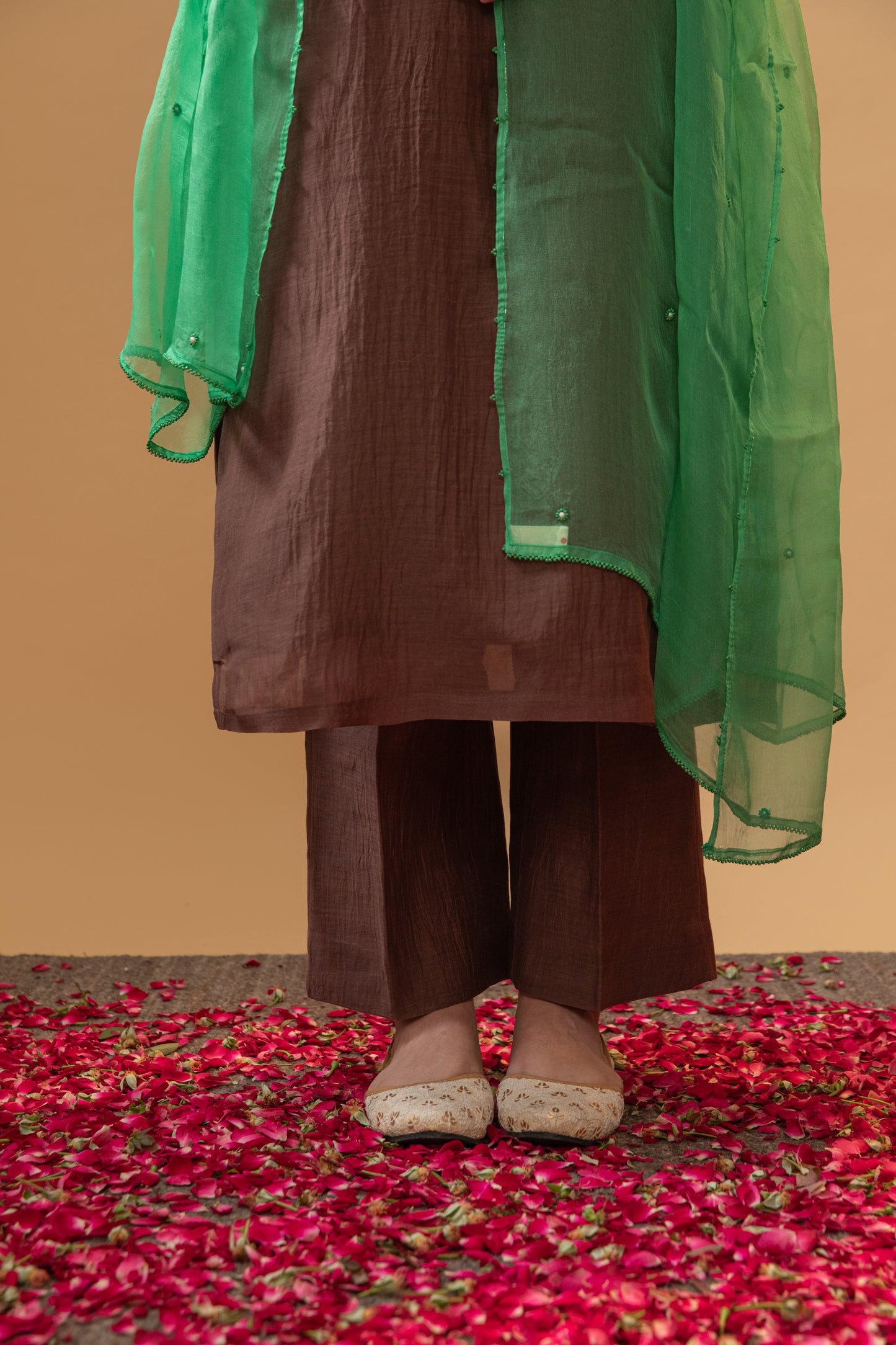 Rajrani - Brown Hand Embroidered Mul-Chanderi Kurta Set