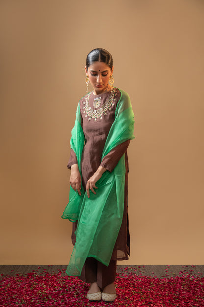 Rajrani - Brown Hand Embroidered Mul-Chanderi Kurta Set