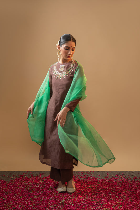 Rajrani - Brown Hand Embroidered Mul-Chanderi Kurta Set