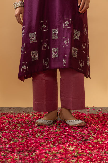 Royal Plum & Rose Embroidered Kaftan Kurta Set