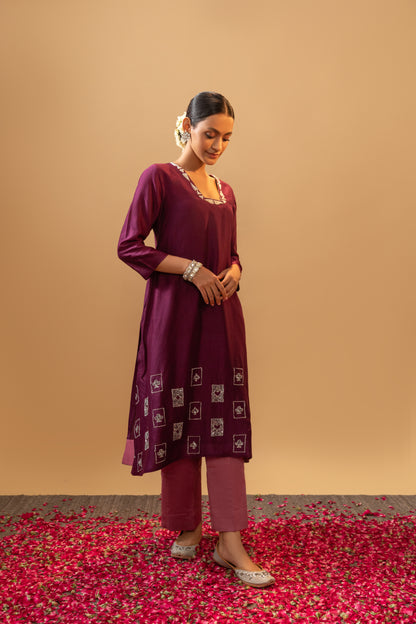 Royal Plum & Rose Embroidered Kaftan Kurta Set