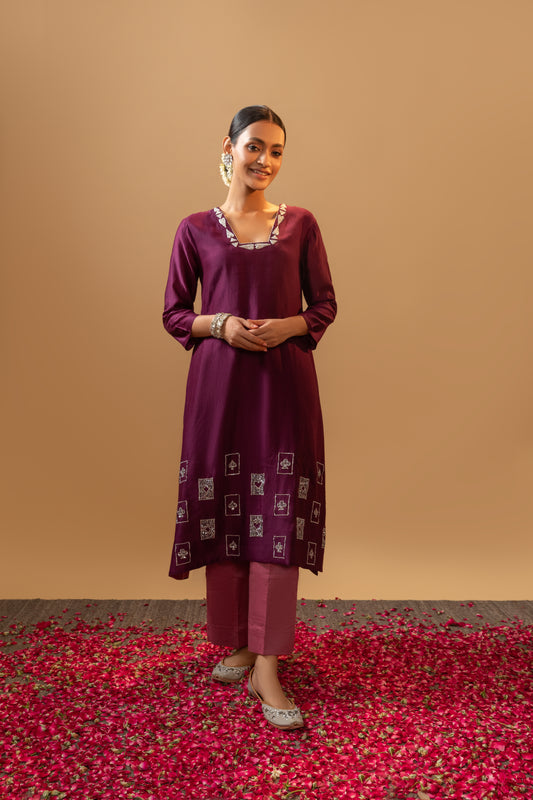 Royal Plum & Rose Embroidered Kaftan Kurta Set