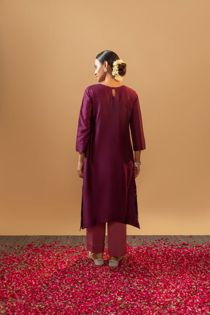 Royal Plum & Rose Embroidered Kaftan Kurta Set